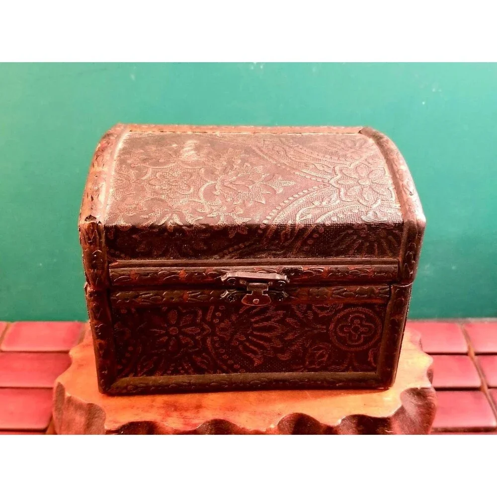 Wooden Treasure Chest Jewelry Box Leather Embossed W/ Floral Pattern Carved Trim